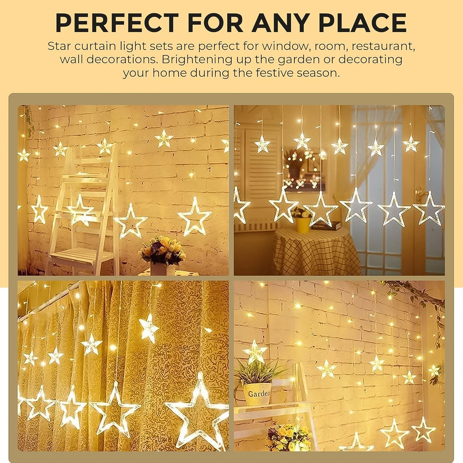 12 Stars LED Curtain String Lights with 8 Flashing Modes for Home Decoration, Diwali & Wedding LED Christmas Light Indoor and Outdoor Light ,Festival Decoration  (Warm White / With Box)