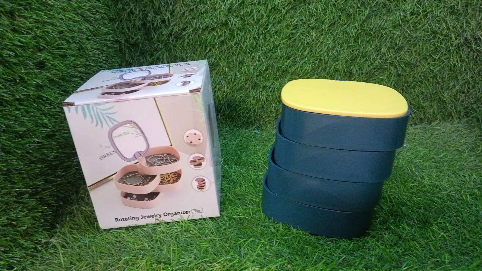 Jewelry organizer with mirror, showing detailed 4-layer design