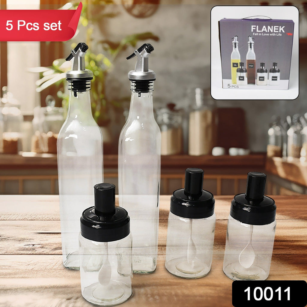 Transparent Glass Oil Dispenser 500 ML Bottle Set of 2, Spice Jar 250 ML Set of 3 (5pcs set)